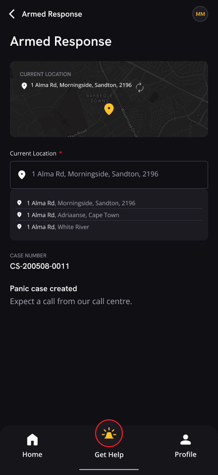Armed Response Panic – Case Created - Refrsh Location